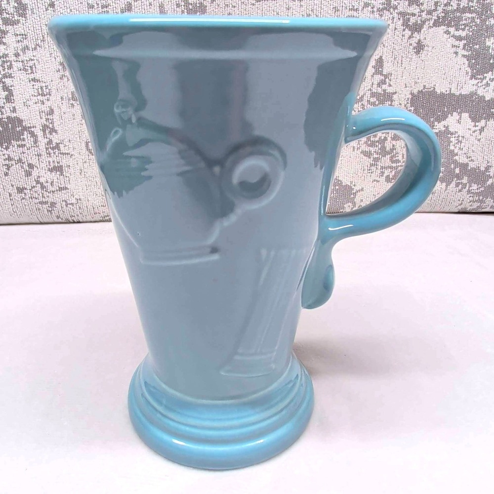 Fiesta HLC USA Sky Blue Ceramic Latte Mug Embossed Teapot Design 6 inch Tall